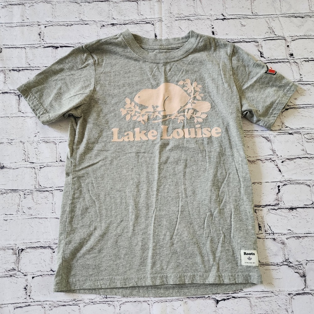 Roots Kids Lake Louise Canada Beaver Graphic T-Shirt Gray Size L 9-10 Years